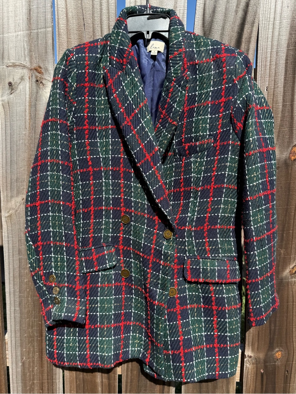 Lena Green and Red Plaid Wool Double-Breasted Blazer